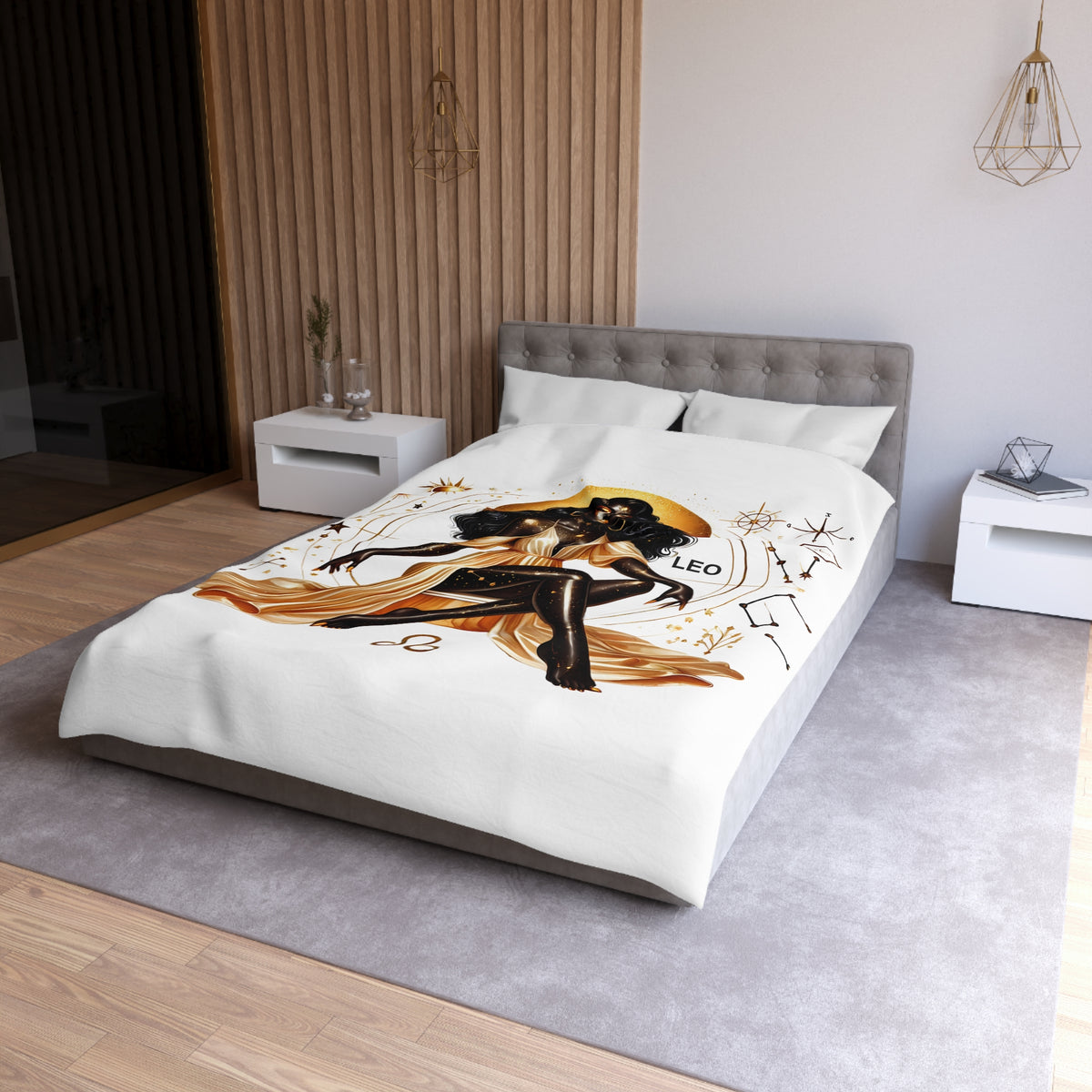 Leo Zodiac Duvet Cover — Gold Celestial Astrology Bedding