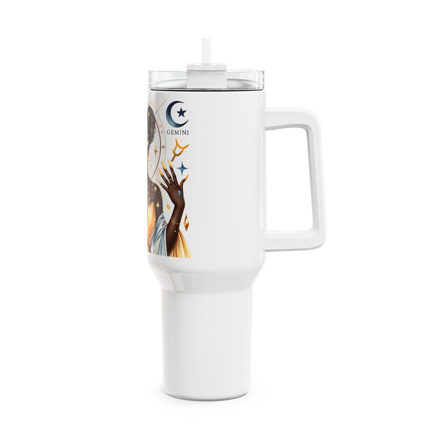 40oz Zodiac Gemini Tumbler — Celestial Black Goddess Design