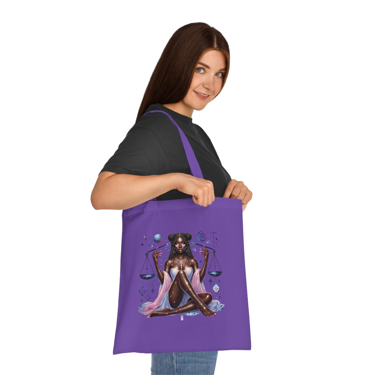 Libra Zodiac Tote — Cosmic Black Goddess Illustration Cotton Tote Bag