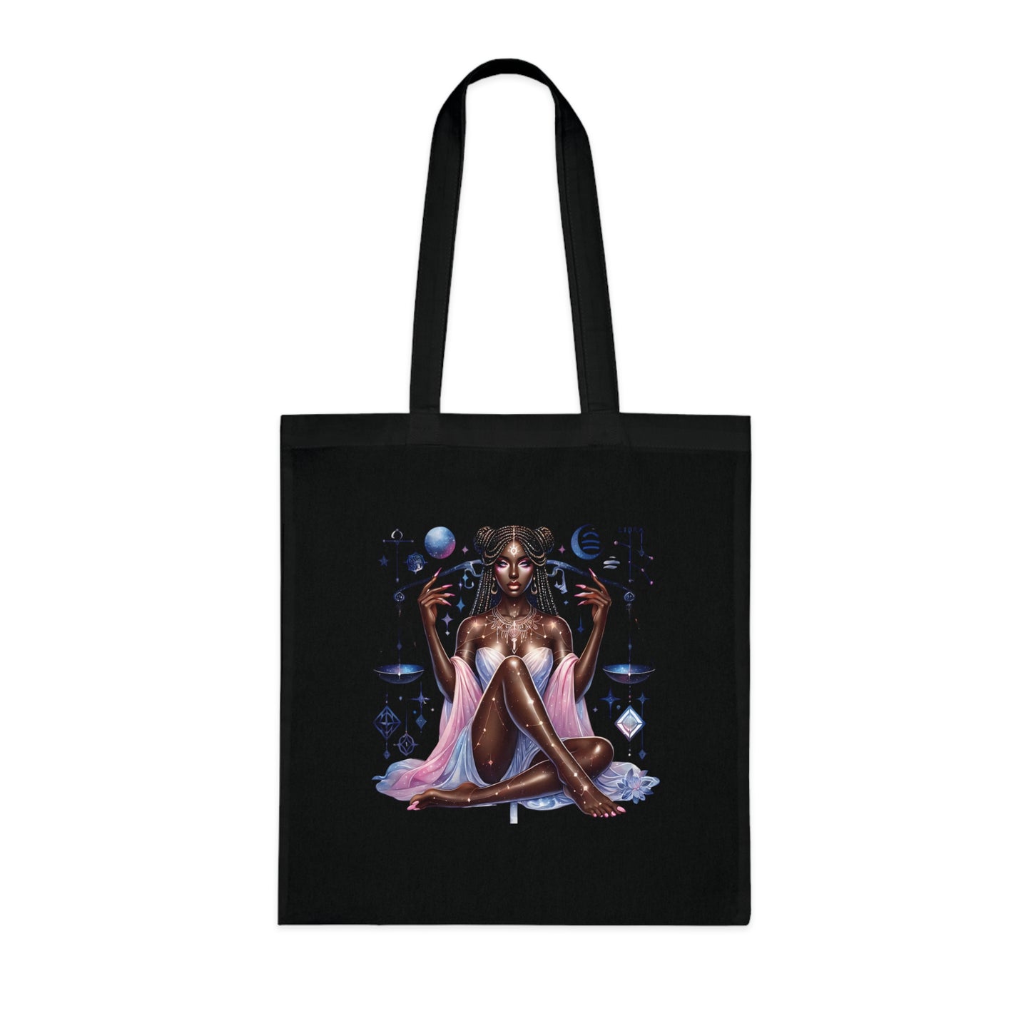 Libra Zodiac Tote — Cosmic Black Goddess Illustration Cotton Tote Bag