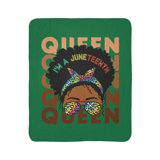 Juneteenth Queen Fleece Sherpa Blanket — "I'm A Juneteenth Queen" Afro Puff Design