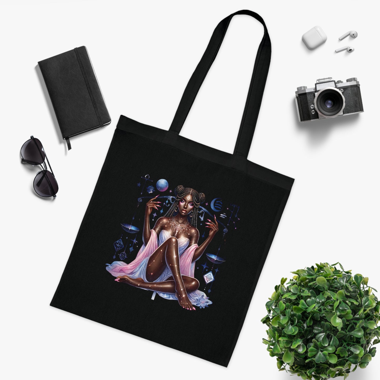 Libra Zodiac Tote — Cosmic Black Goddess Illustration Cotton Tote Bag
