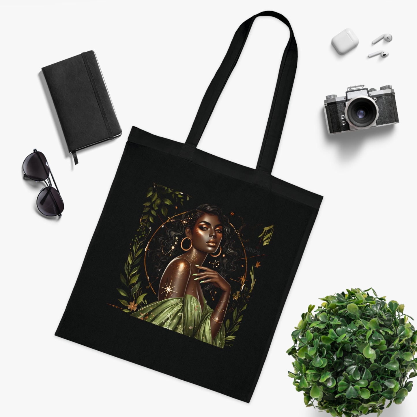 Tote Bag — Elegant Taurus Zodiac Tote with Black Woman Illustration