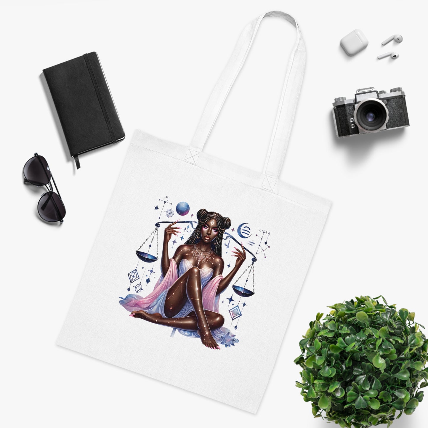 Libra Zodiac Tote — Cosmic Black Goddess Illustration Cotton Tote Bag