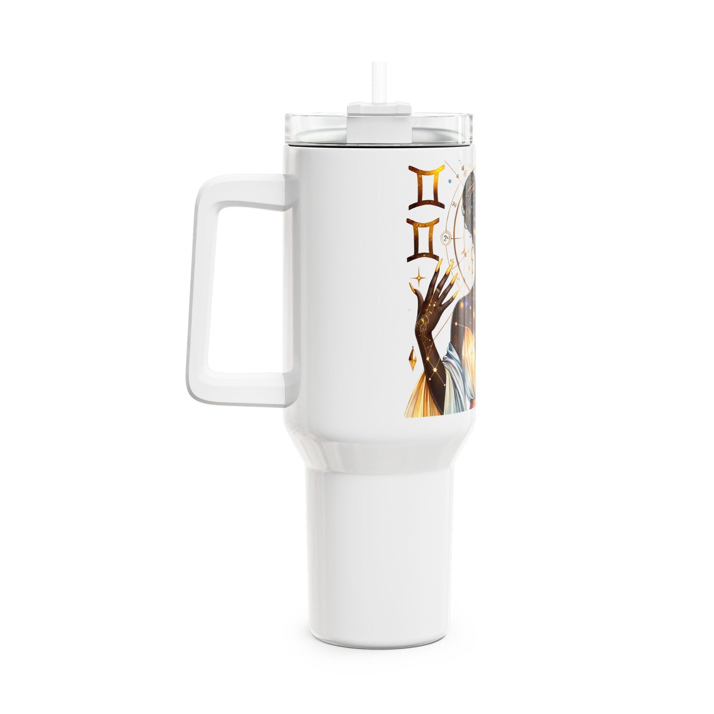 40oz Zodiac Gemini Tumbler — Celestial Black Goddess Design