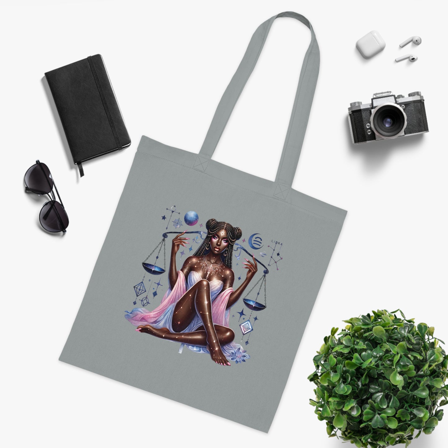 Libra Zodiac Tote — Cosmic Black Goddess Illustration Cotton Tote Bag