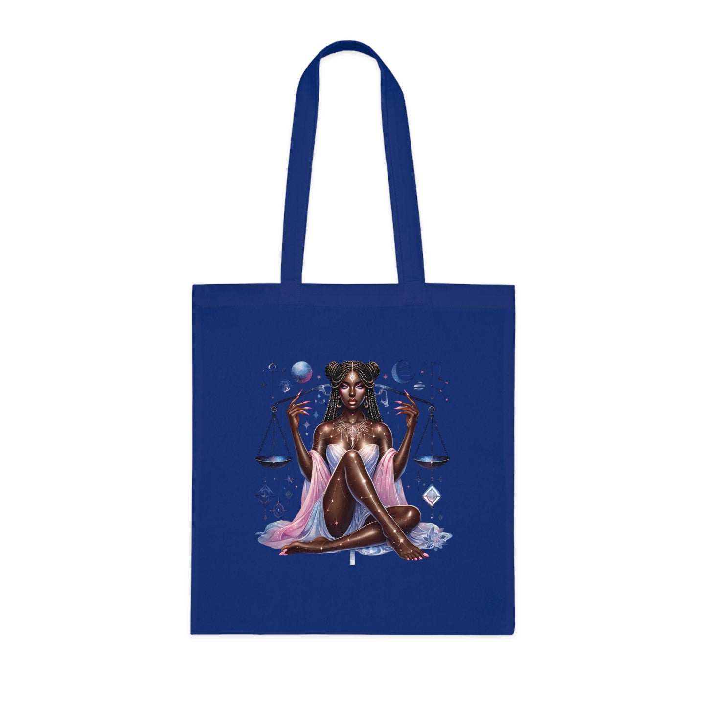 Libra Zodiac Tote — Cosmic Black Goddess Illustration Cotton Tote Bag