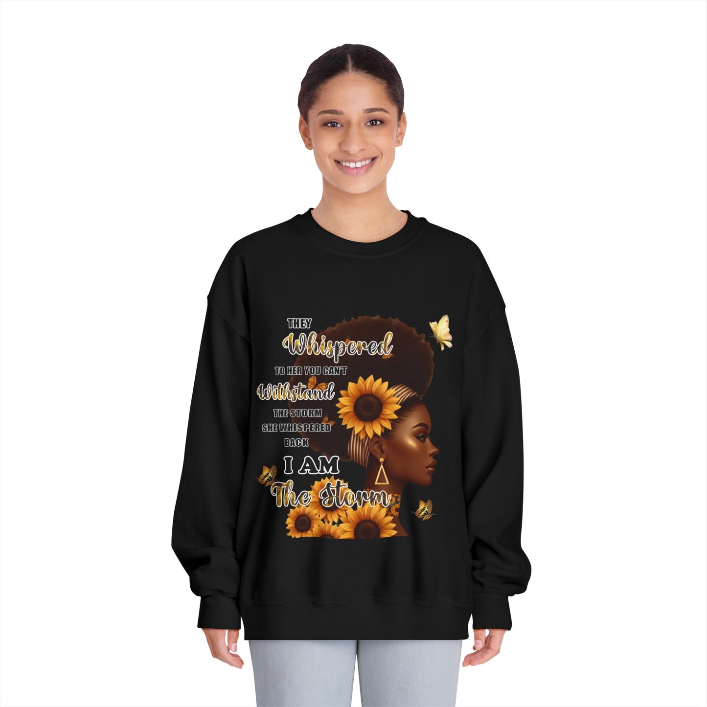 Sunflower Crown Crewneck Sweatshirt — "I Am The Queen" Inspirational Afrocentric Design