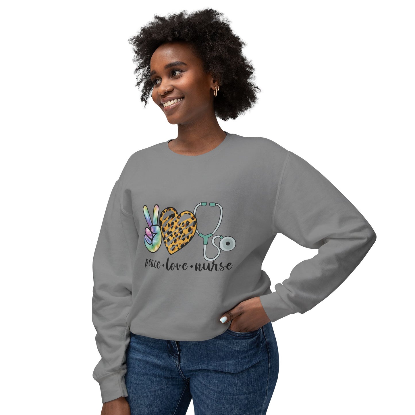 Nurse Crewneck Sweatshirt — "Peace • Love • Nurse" Tie-Dye & Leopard Heart