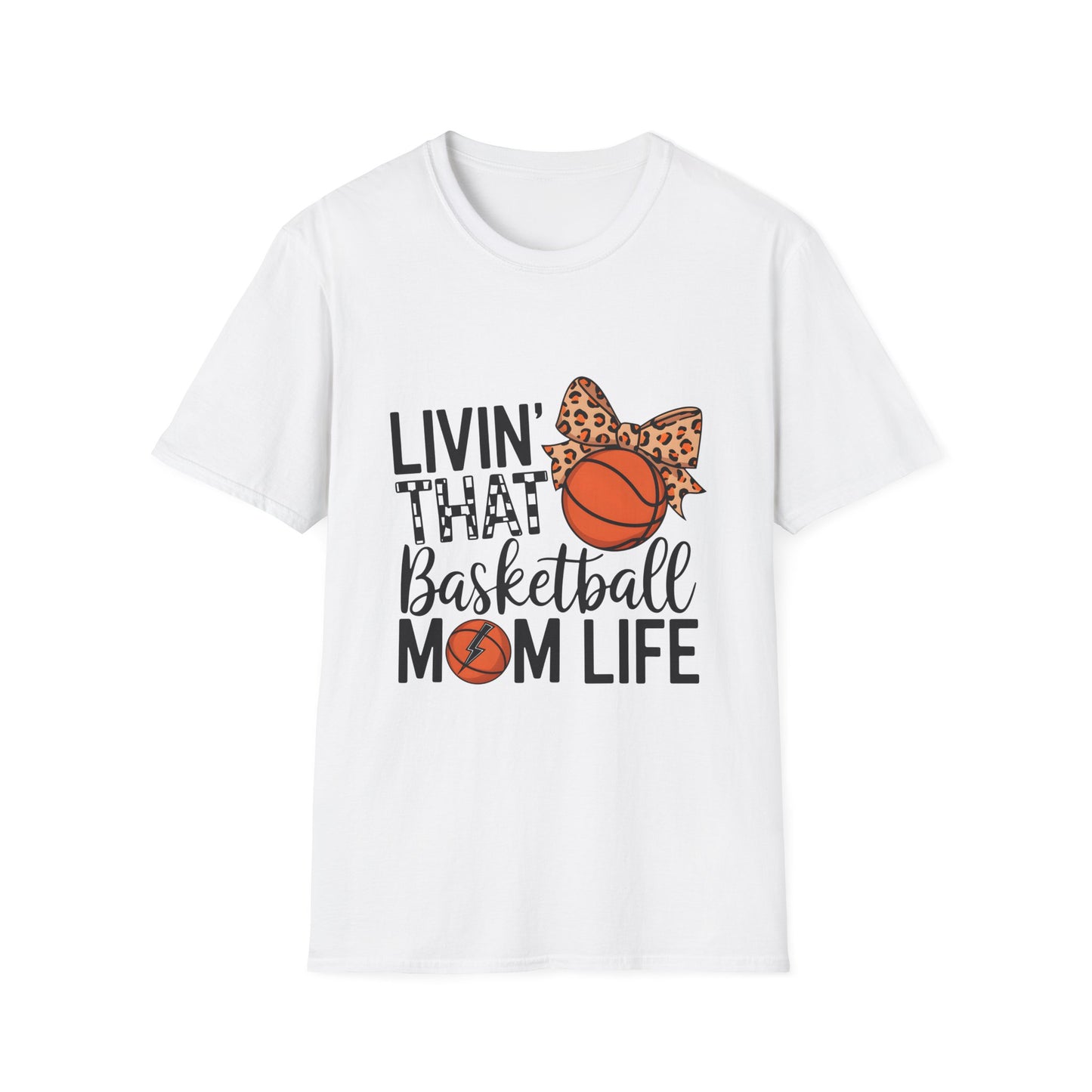 Basketball Mom T‑Shirt — "Livin' That Basketball Mom Life" Leopard Bow Design