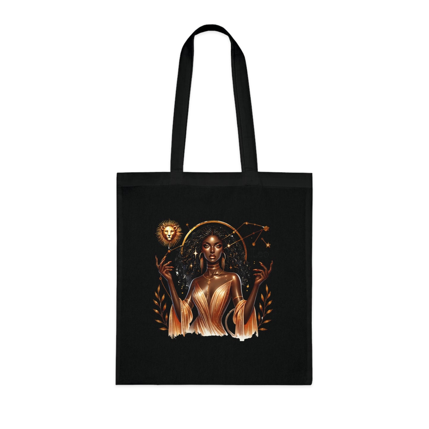 Leo Zodiac Tote Bag — Golden Black Woman Astrology Design Cotton Tote