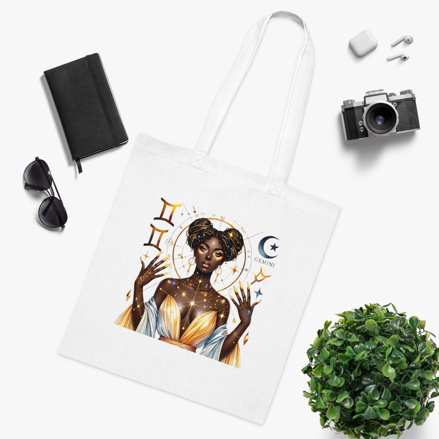 Gemini Star Goddess Cotton Tote — Astrology Zodiac Art Tote Bag