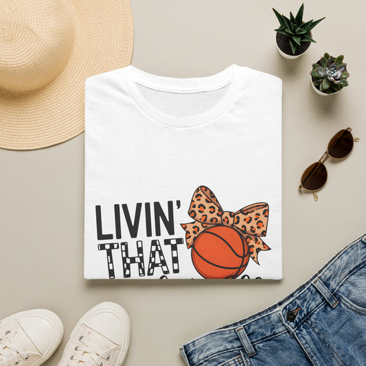 Basketball Mom T‑Shirt — "Livin' That Basketball Mom Life" Leopard Bow Design