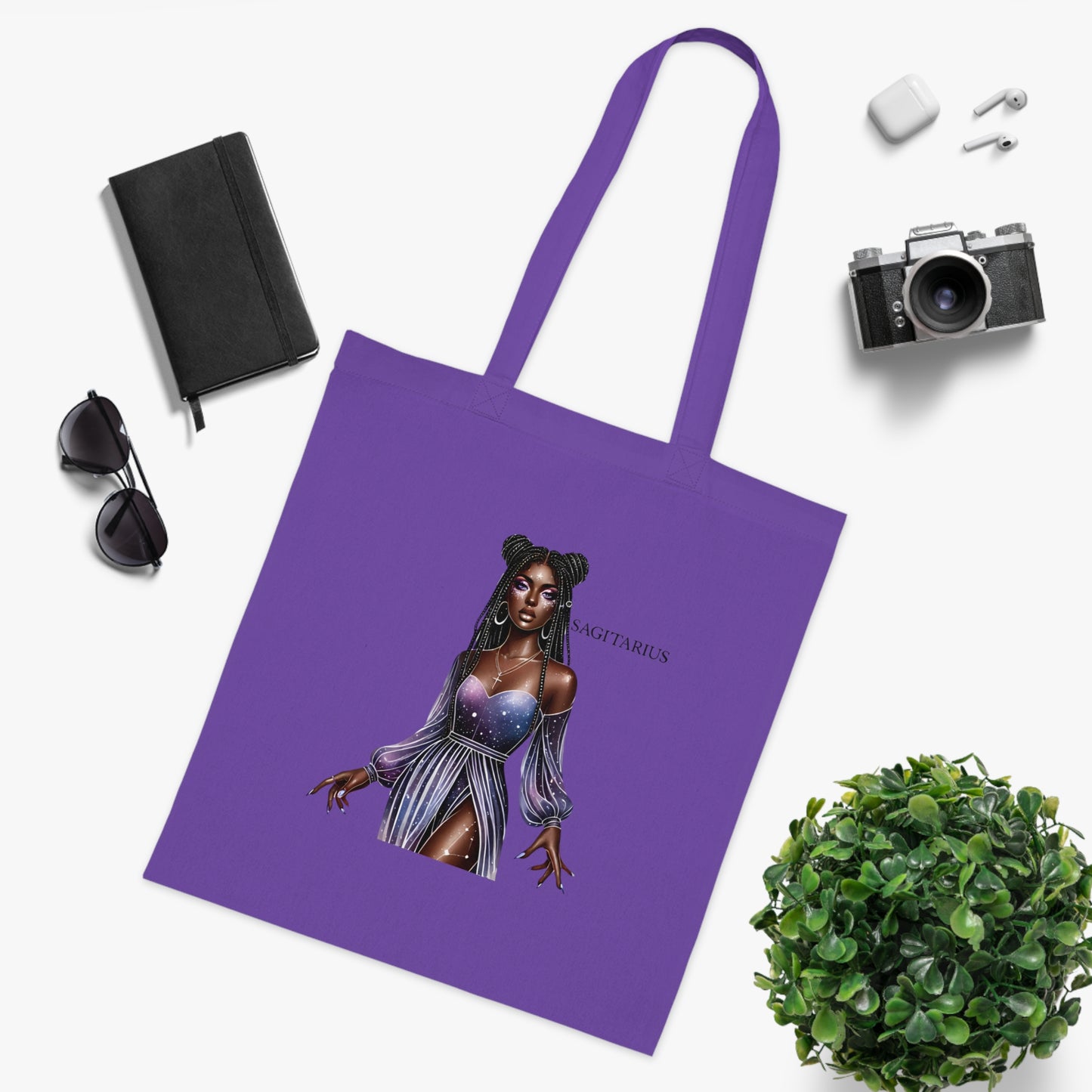 Sagittarius Zodiac Girl Cotton Tote Bag — Mystic Purple Astrology Tote
