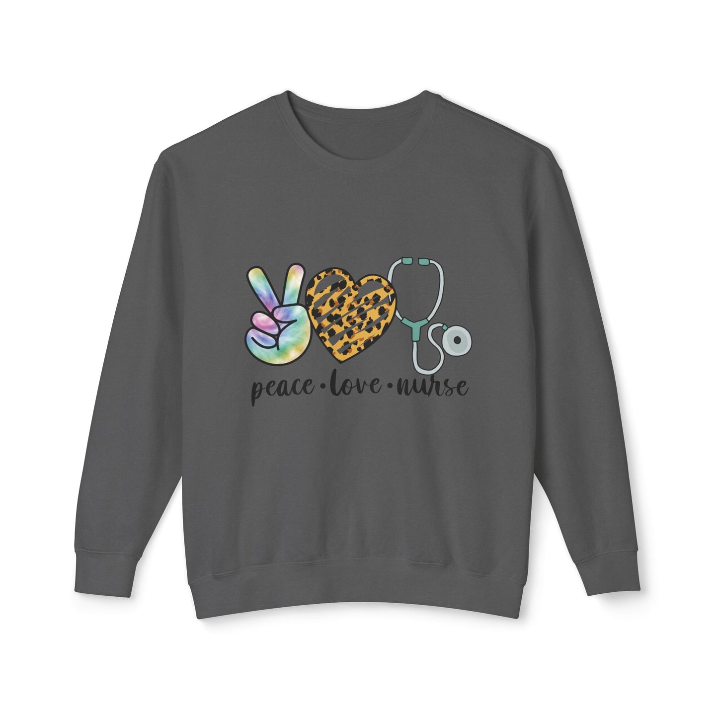 Nurse Crewneck Sweatshirt — "Peace • Love • Nurse" Tie-Dye & Leopard Heart