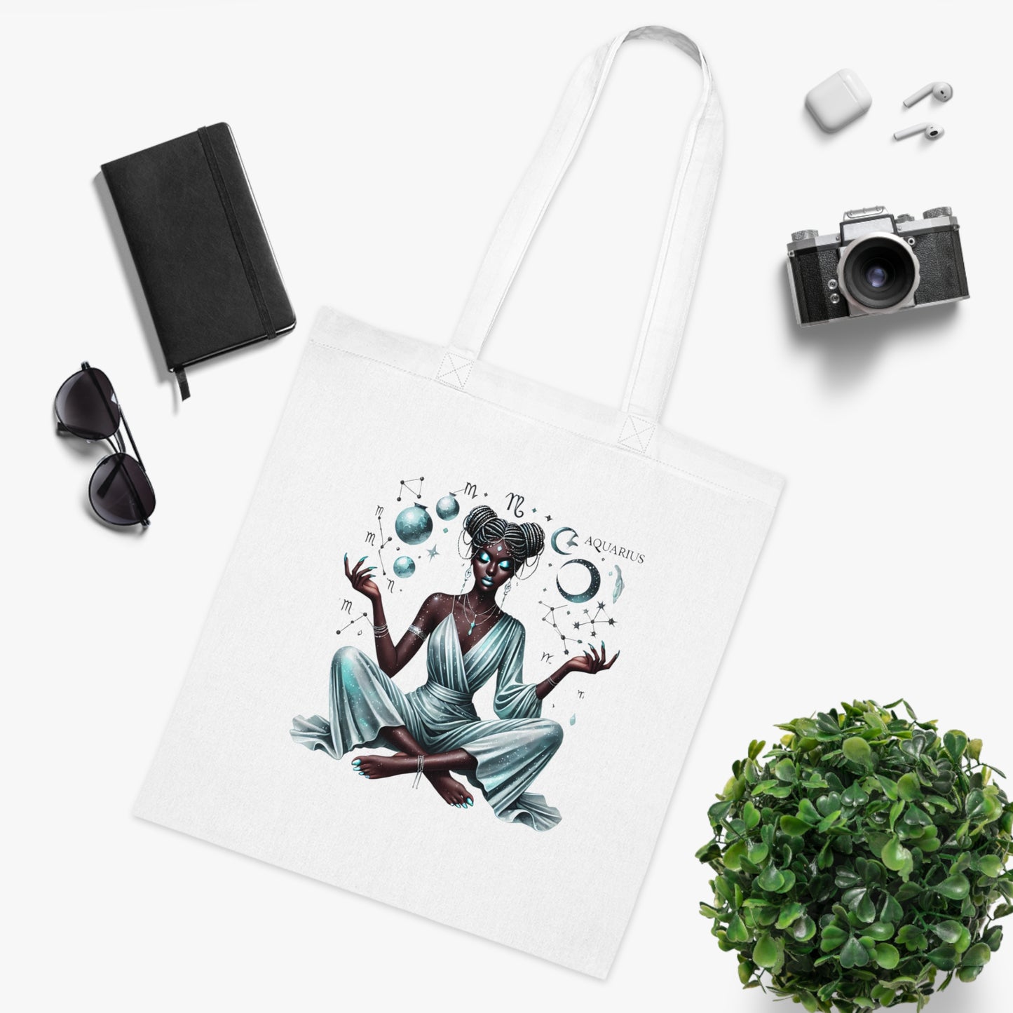 Aquarius Goddess Tote Bag — Zodiac Cotton Tote with Mystic Celestial Design