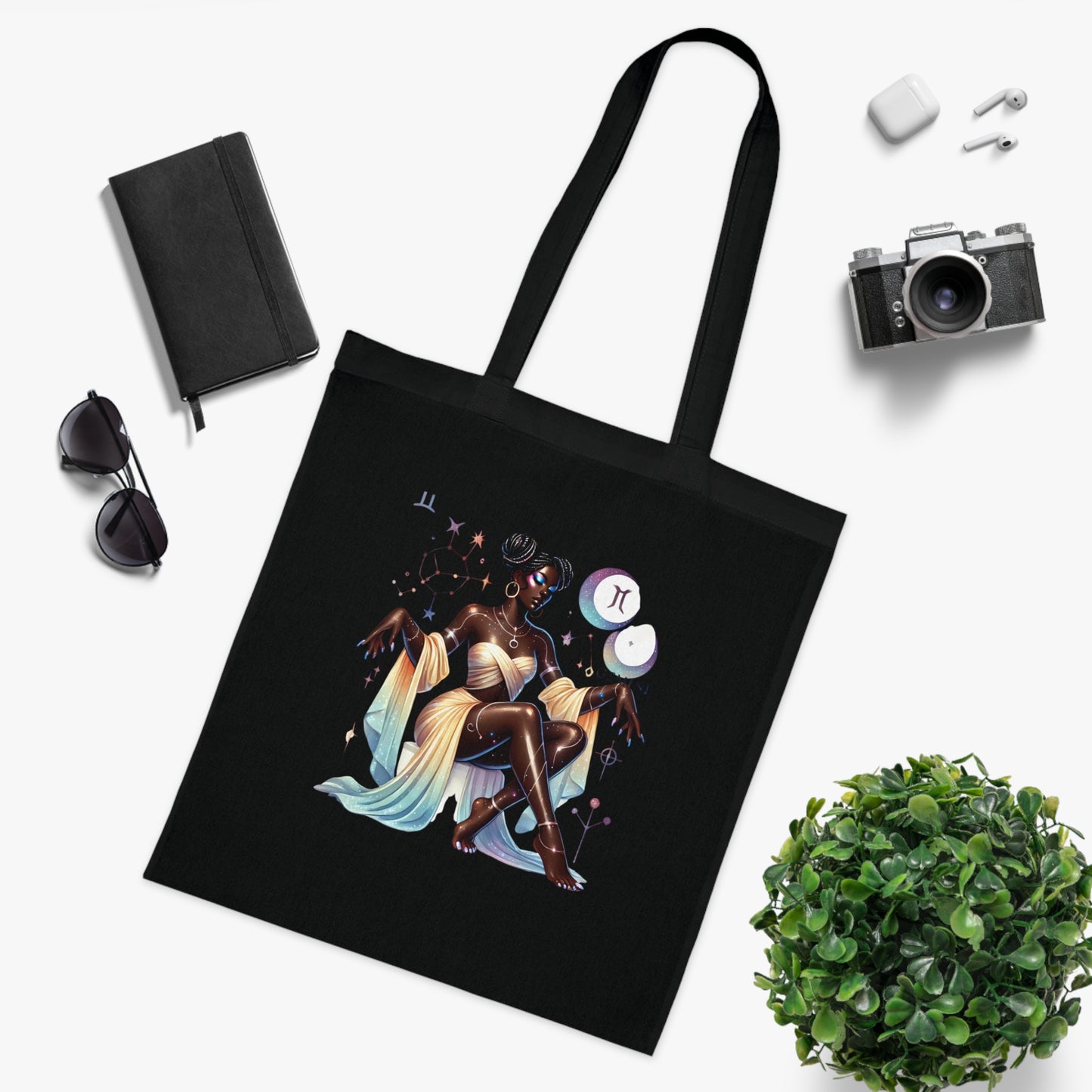 Zodiac Goddess Cotton Tote — Celestial Afro-Futurist Astrology Art Bag