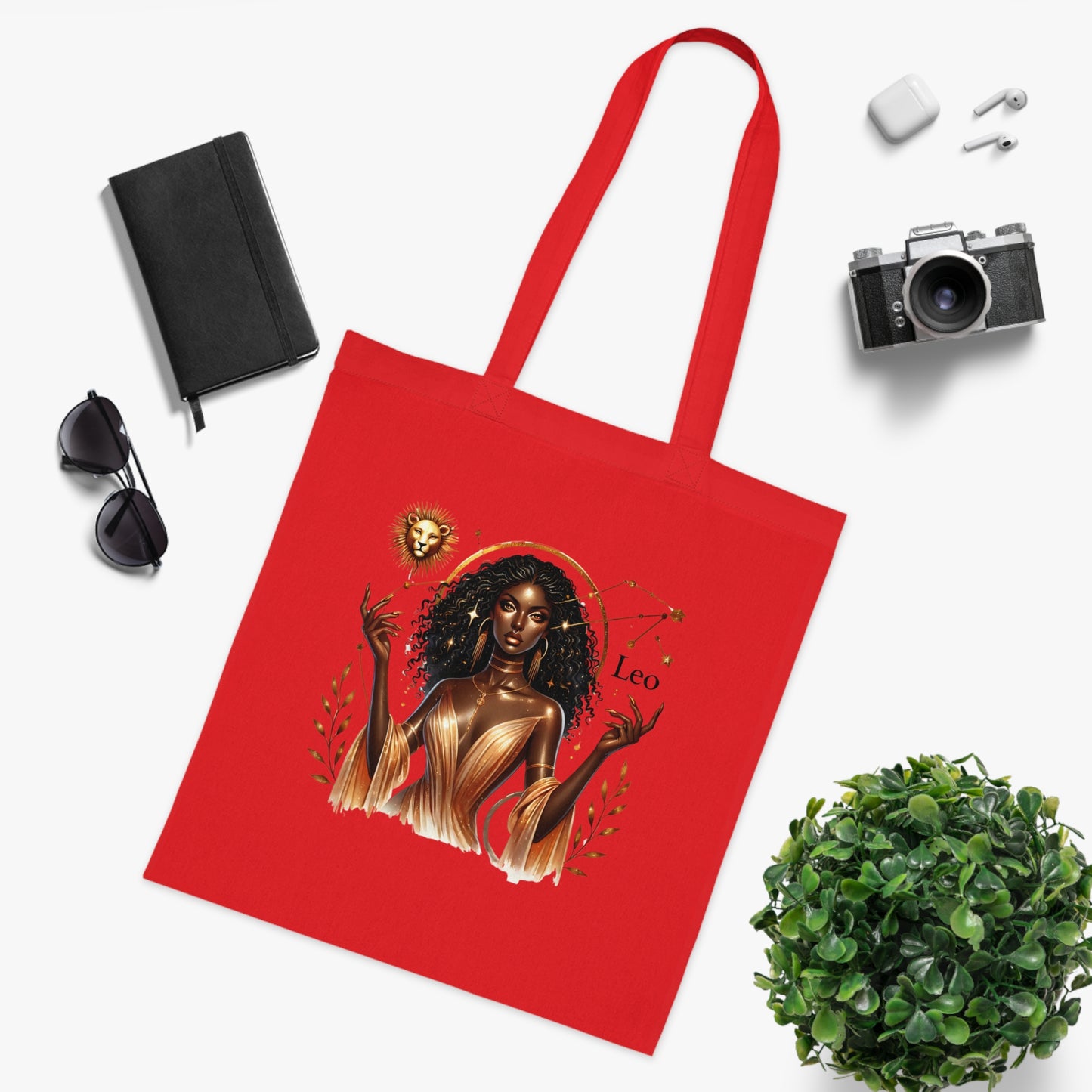 Leo Zodiac Tote Bag — Golden Black Woman Astrology Design Cotton Tote