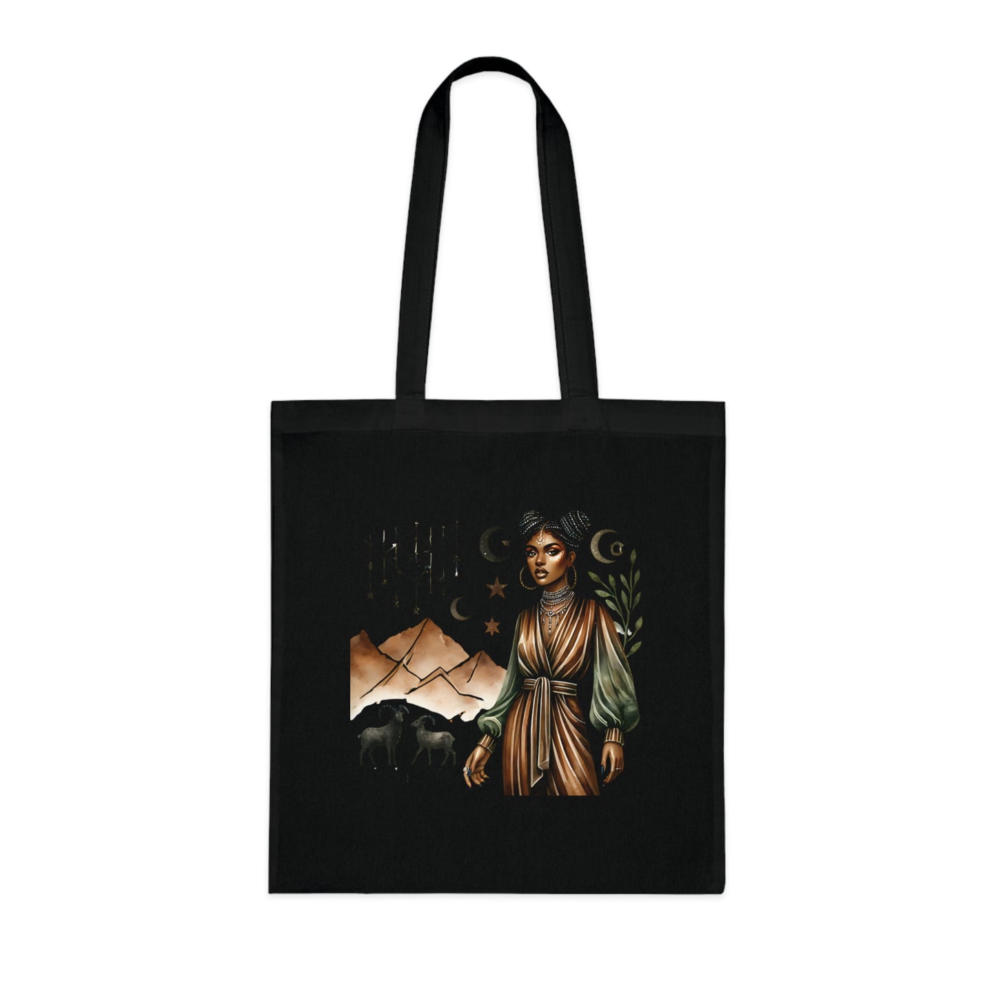 Capricorn Zodiac Cotton Tote — Astrology Horoscope Tote Bag with Capricorn Woman Illustration