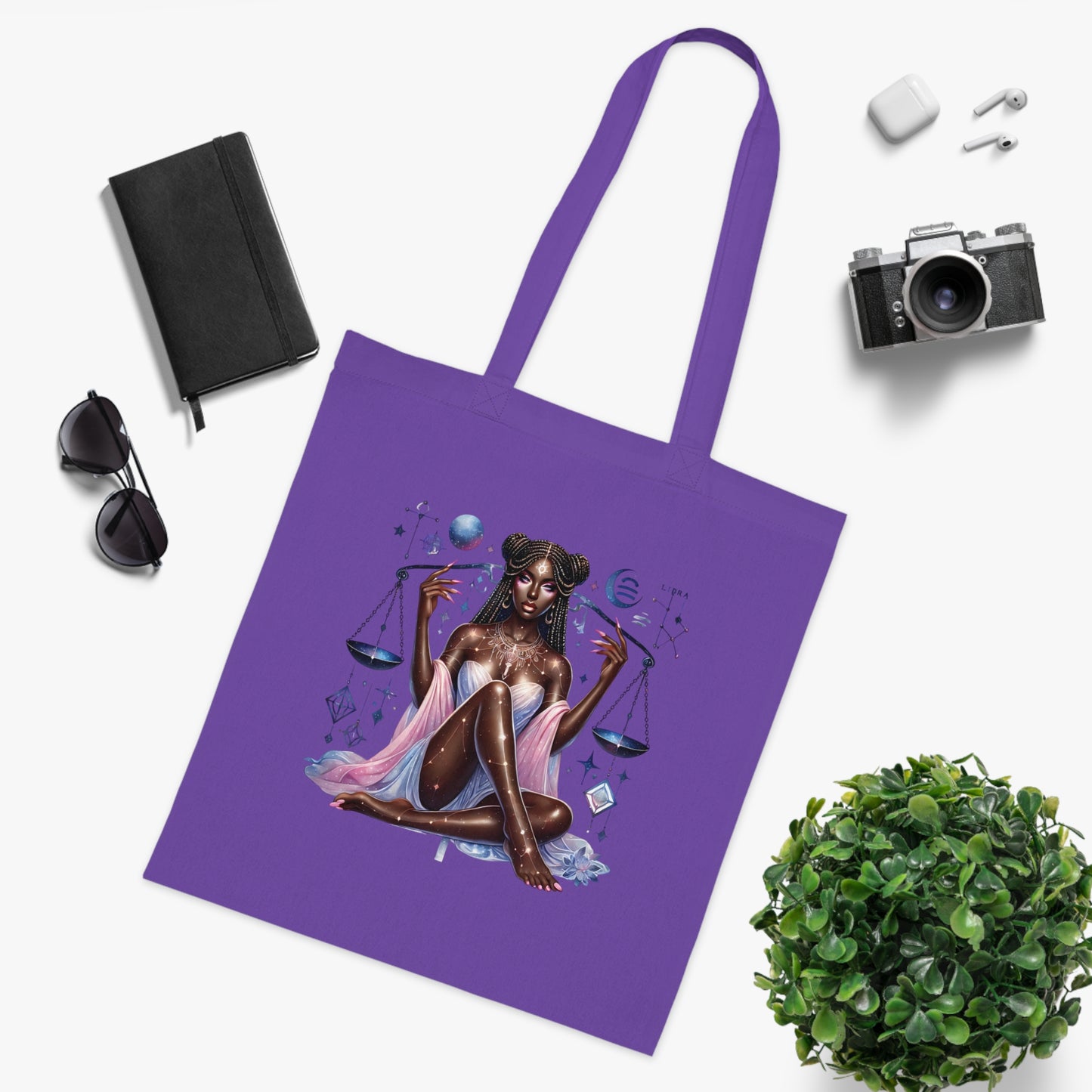 Libra Zodiac Tote — Cosmic Black Goddess Illustration Cotton Tote Bag