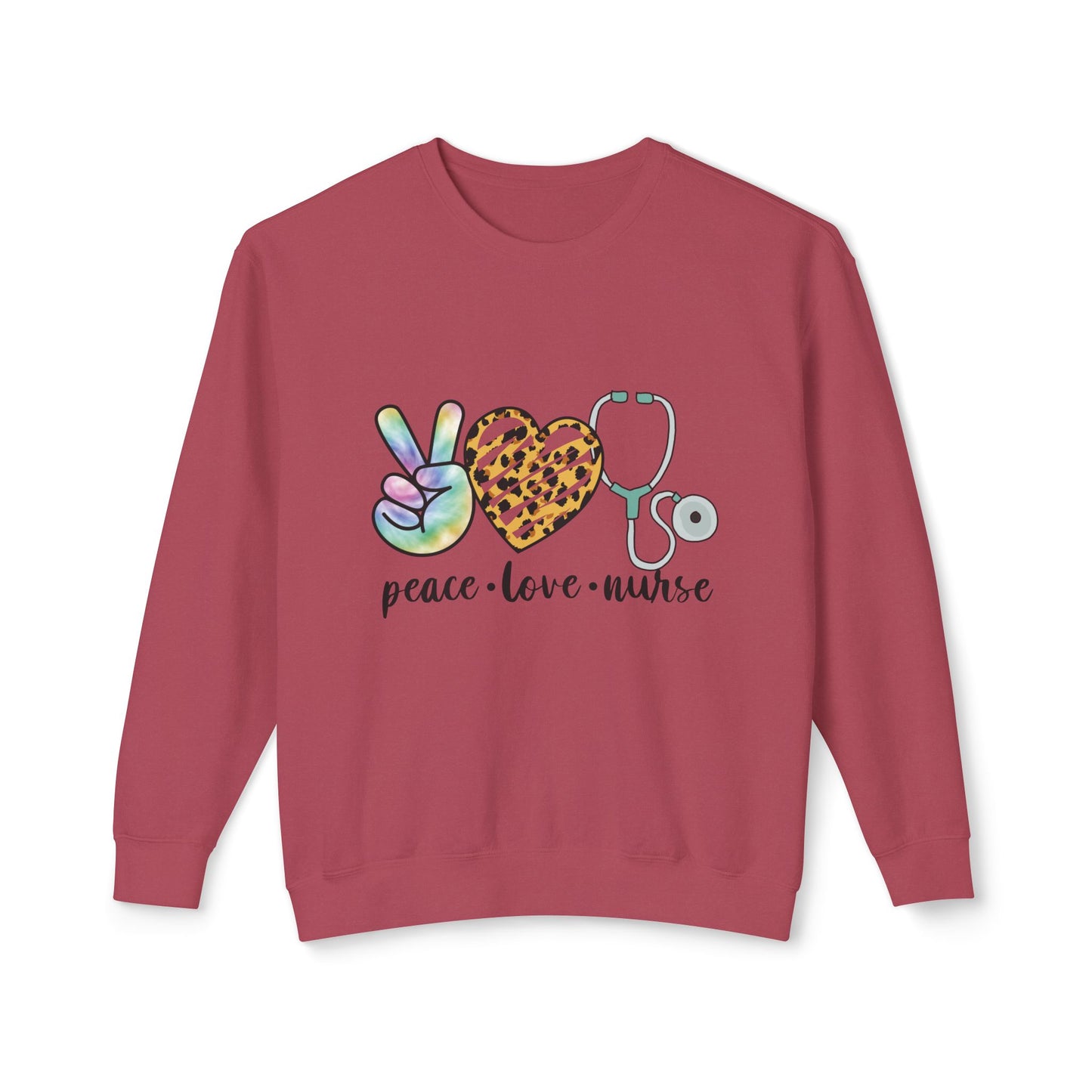 Nurse Crewneck Sweatshirt — "Peace • Love • Nurse" Tie-Dye & Leopard Heart