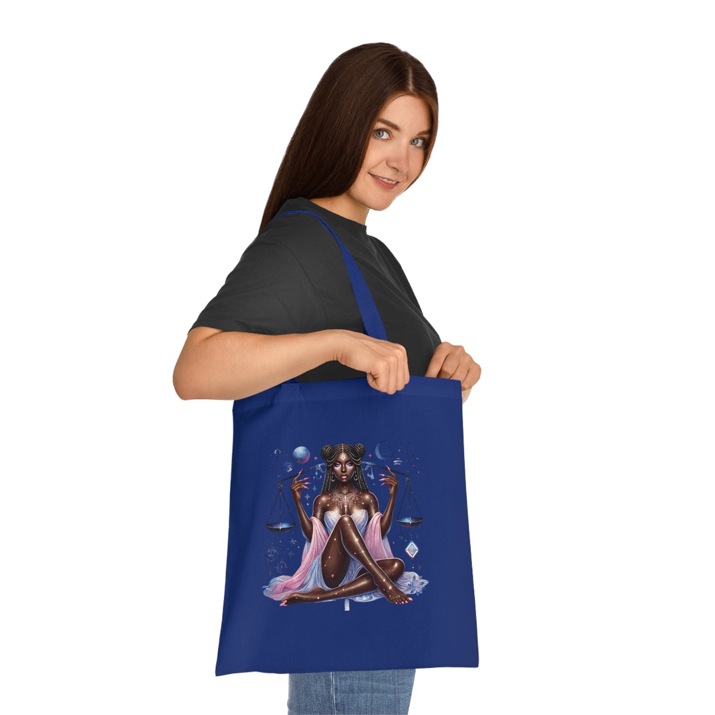 Libra Zodiac Tote — Cosmic Black Goddess Illustration Cotton Tote Bag