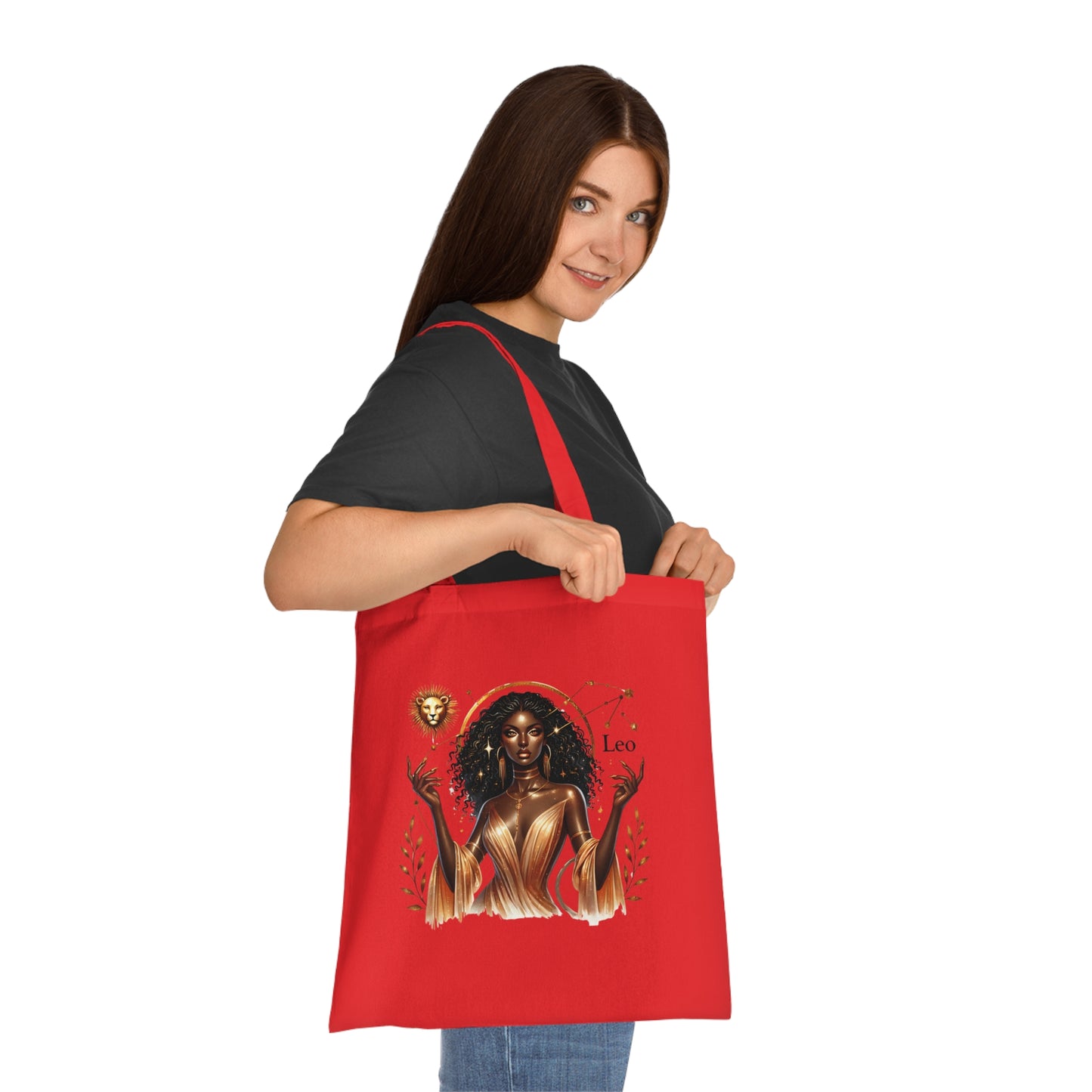Leo Zodiac Tote Bag — Golden Black Woman Astrology Design Cotton Tote