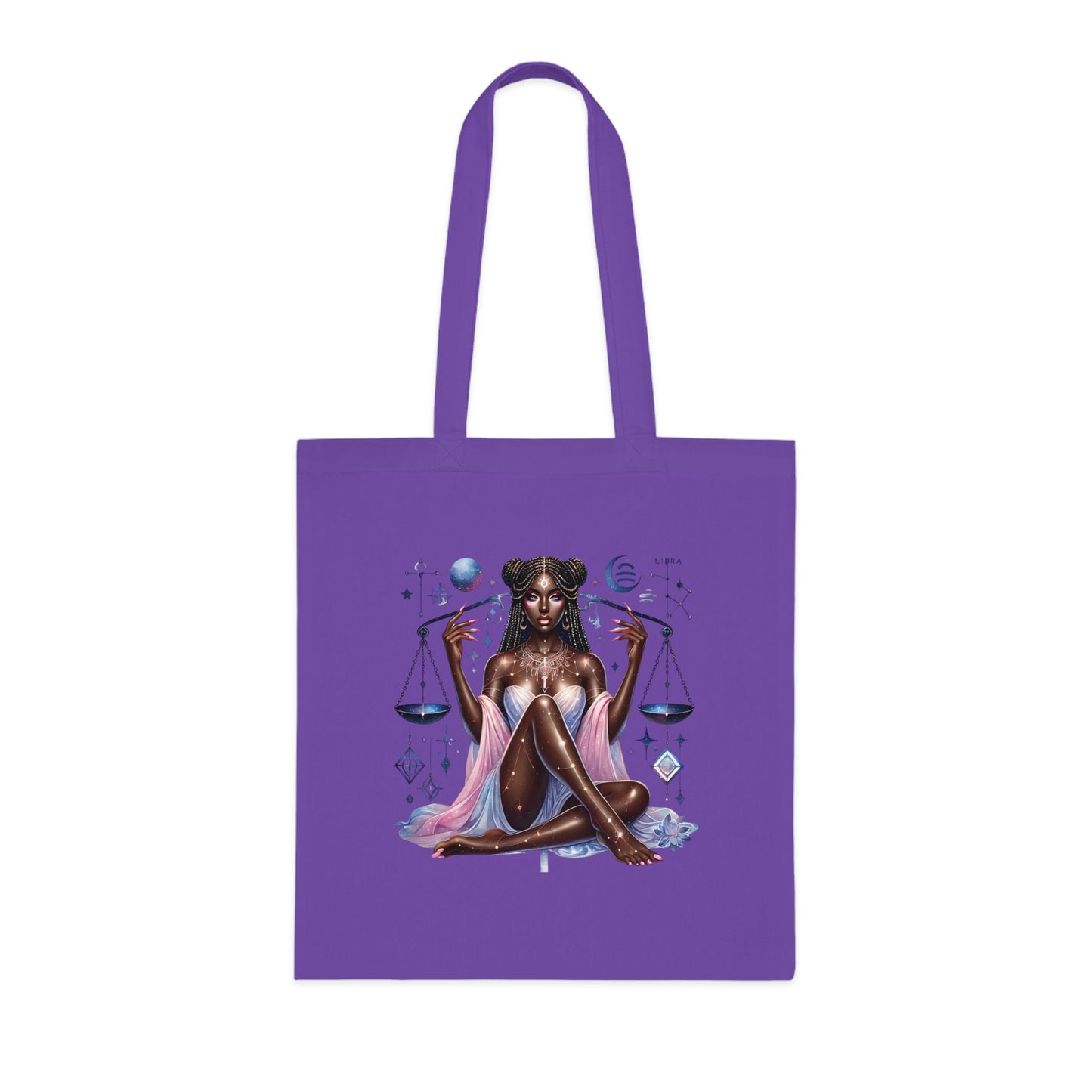 Libra Zodiac Tote — Cosmic Black Goddess Illustration Cotton Tote Bag