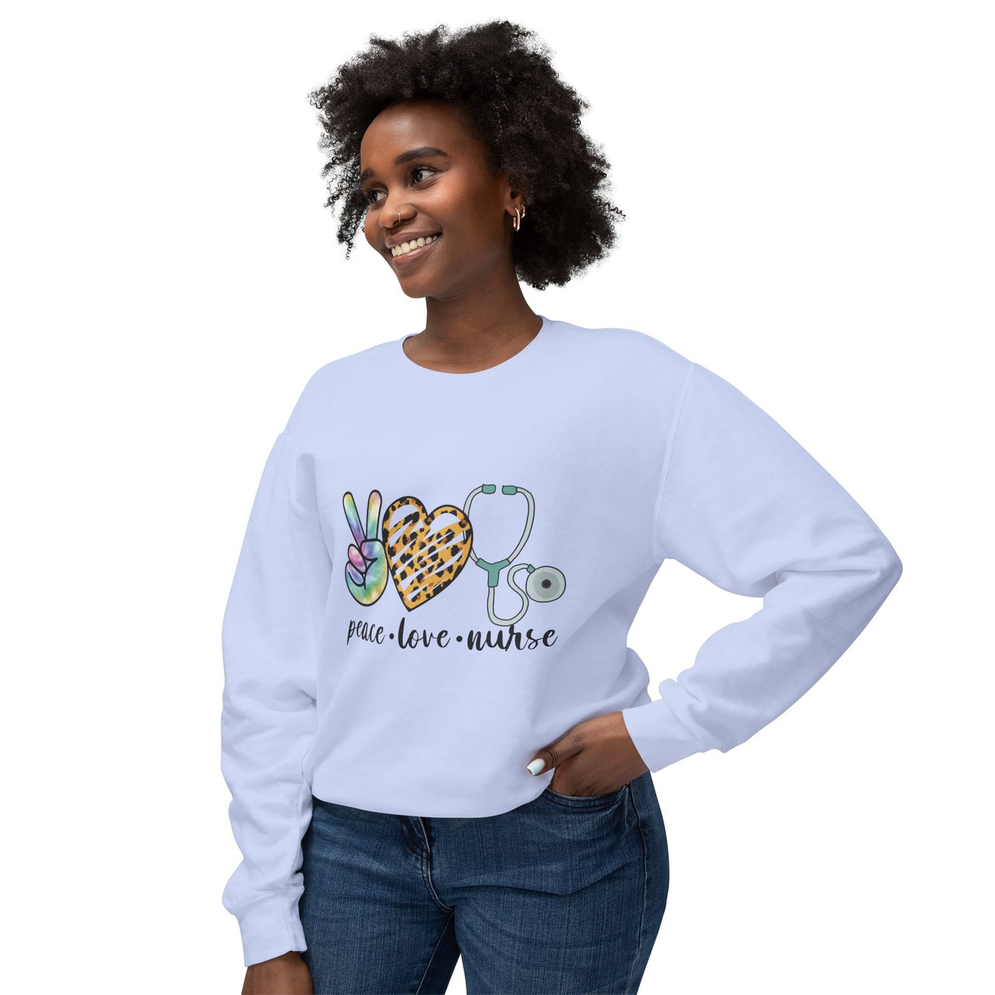 Nurse Crewneck Sweatshirt — "Peace • Love • Nurse" Tie-Dye & Leopard Heart