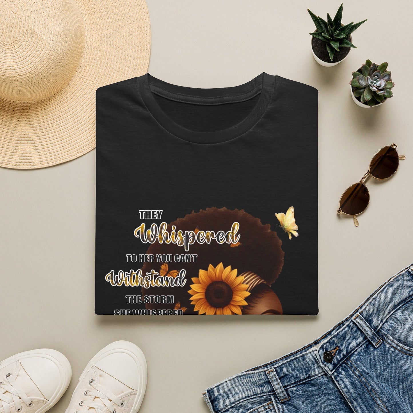 Afro Sunflower Inspirational Tee — "They Whispered... I Am The Storm"