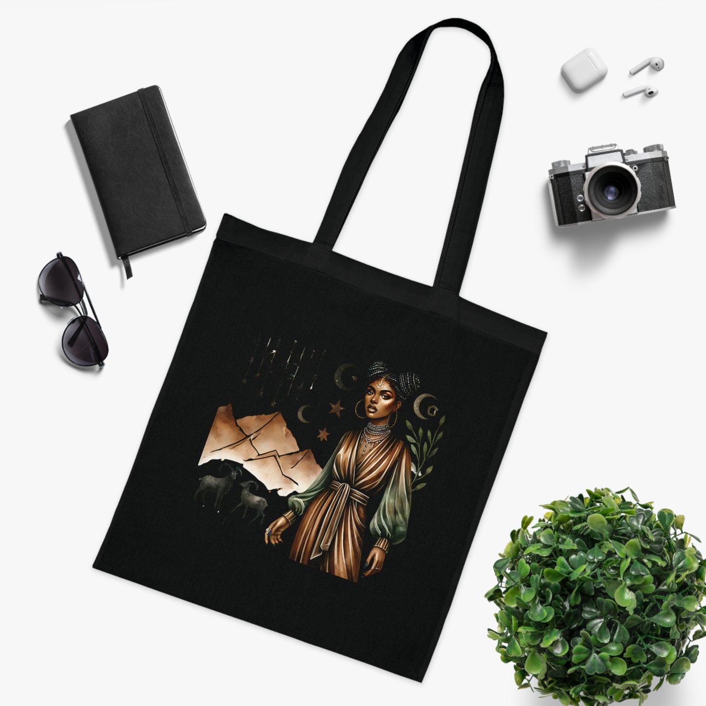 Capricorn Zodiac Cotton Tote — Astrology Horoscope Tote Bag with Capricorn Woman Illustration