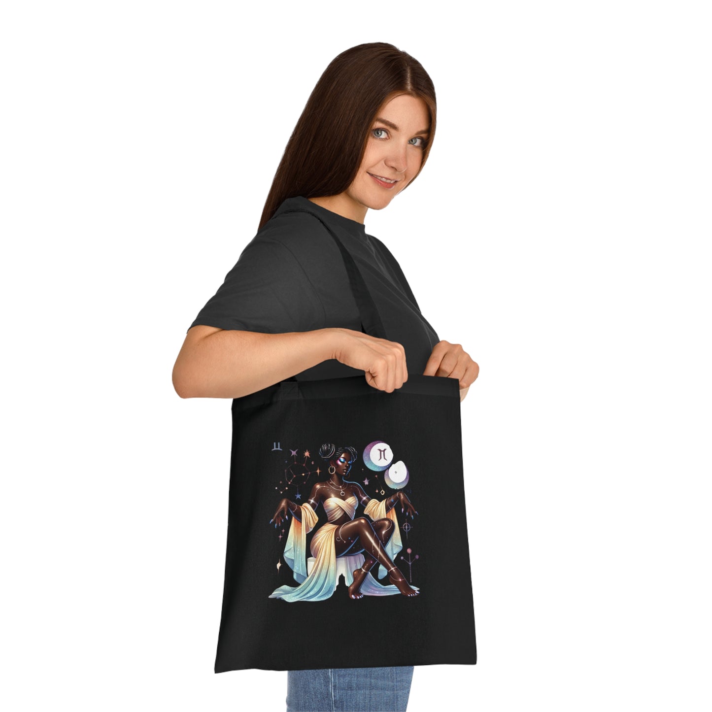 Zodiac Goddess Cotton Tote — Celestial Afro-Futurist Astrology Art Bag