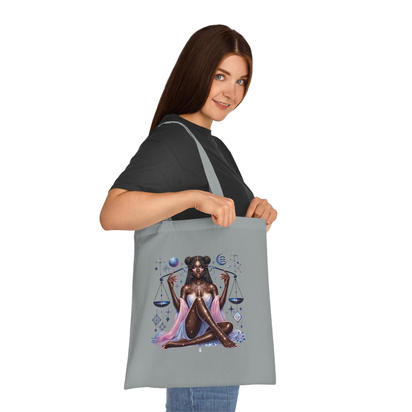 Libra Zodiac Tote — Cosmic Black Goddess Illustration Cotton Tote Bag