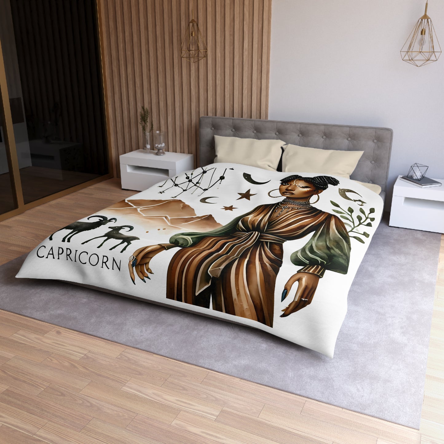 Capricorn Zodiac Duvet Cover — Elegant Earth-Toned Astrology Bedding