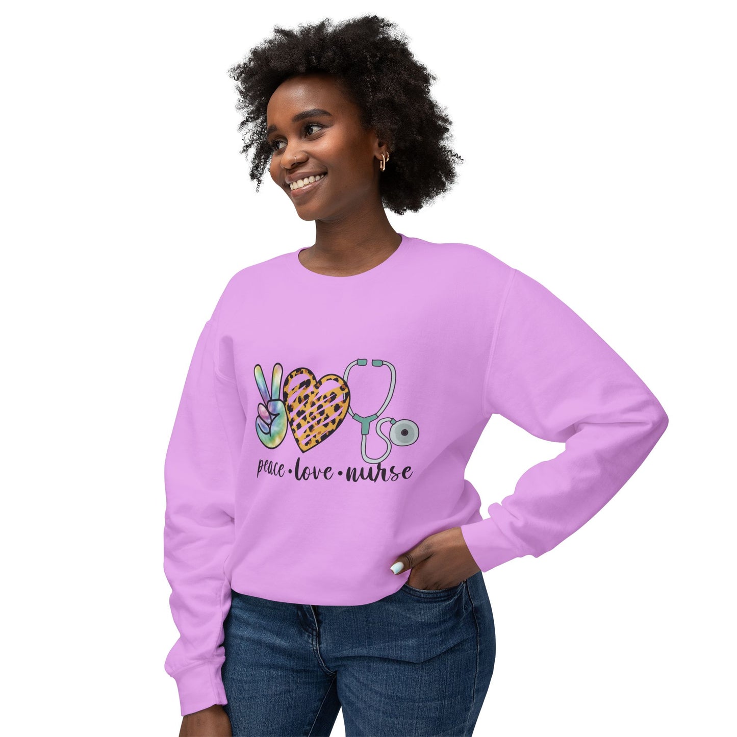 Nurse Crewneck Sweatshirt — "Peace • Love • Nurse" Tie-Dye & Leopard Heart