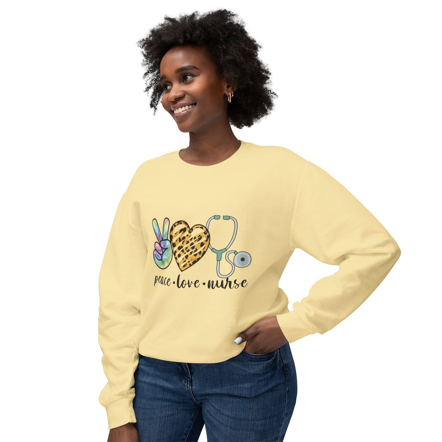 Nurse Crewneck Sweatshirt — "Peace • Love • Nurse" Tie-Dye & Leopard Heart