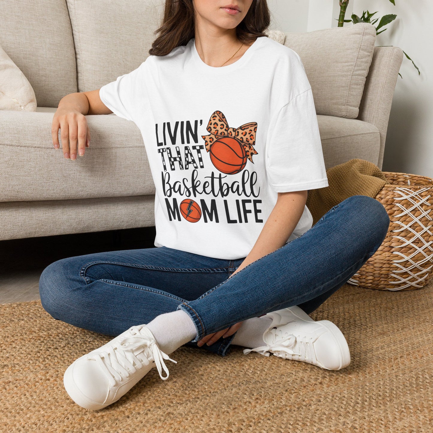 Basketball Mom T‑Shirt — "Livin' That Basketball Mom Life" Leopard Bow Design