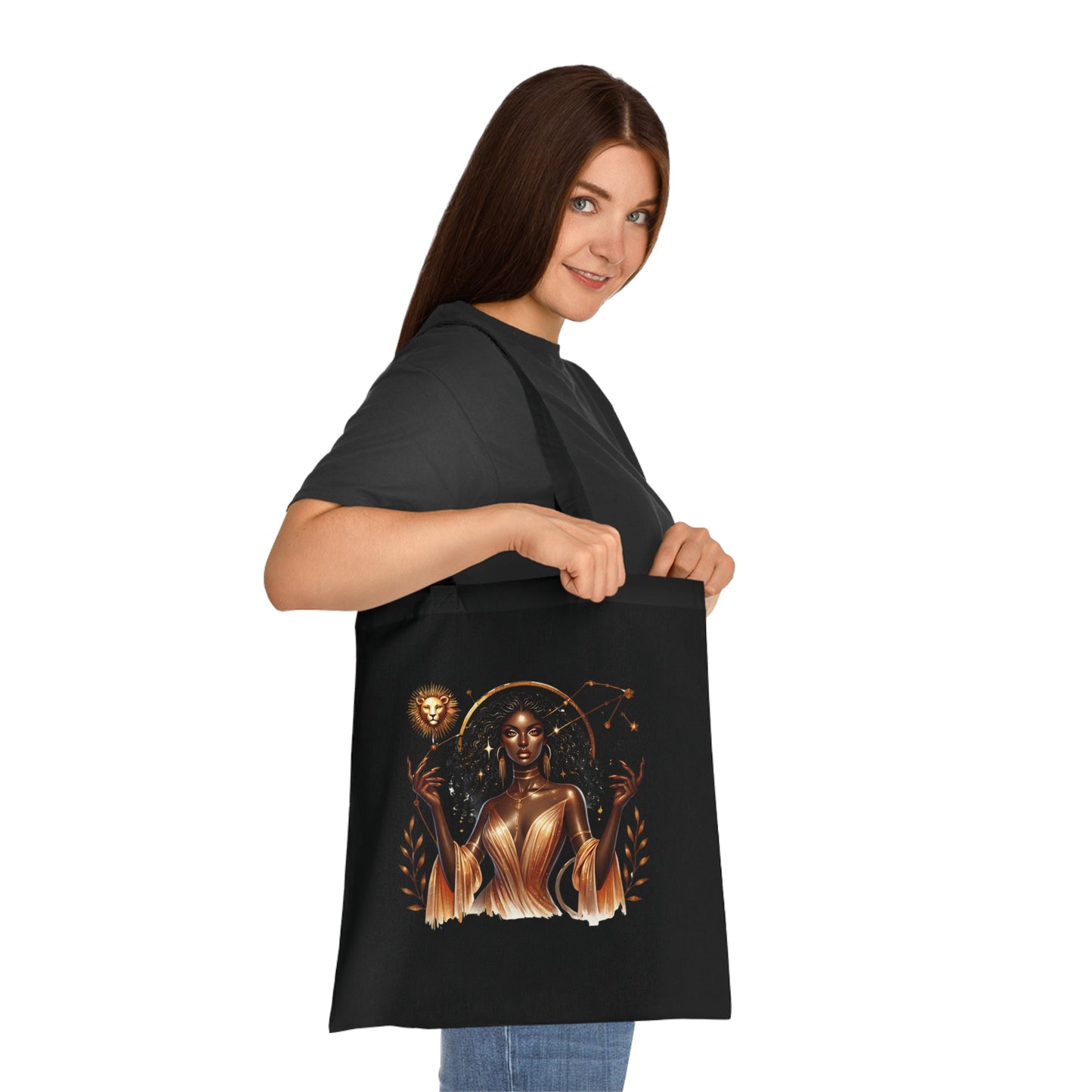 Leo Zodiac Tote Bag — Golden Black Woman Astrology Design Cotton Tote