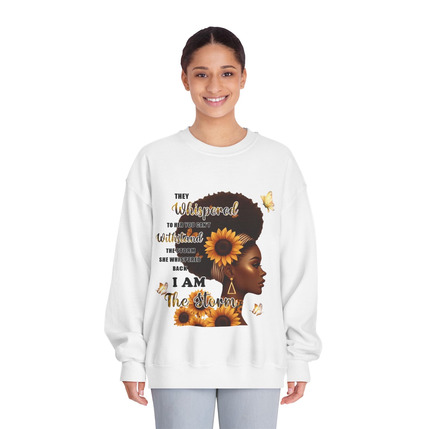 Sunflower Crown Crewneck Sweatshirt — "I Am The Queen" Inspirational Afrocentric Design