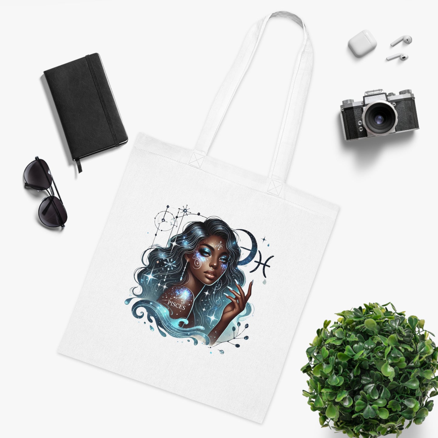 Pisces Goddess Cotton Tote — Astrological Water Sign Art Tote Bag