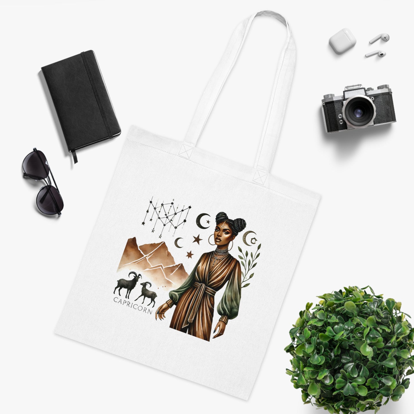 Capricorn Zodiac Cotton Tote — Astrology Horoscope Tote Bag with Capricorn Woman Illustration