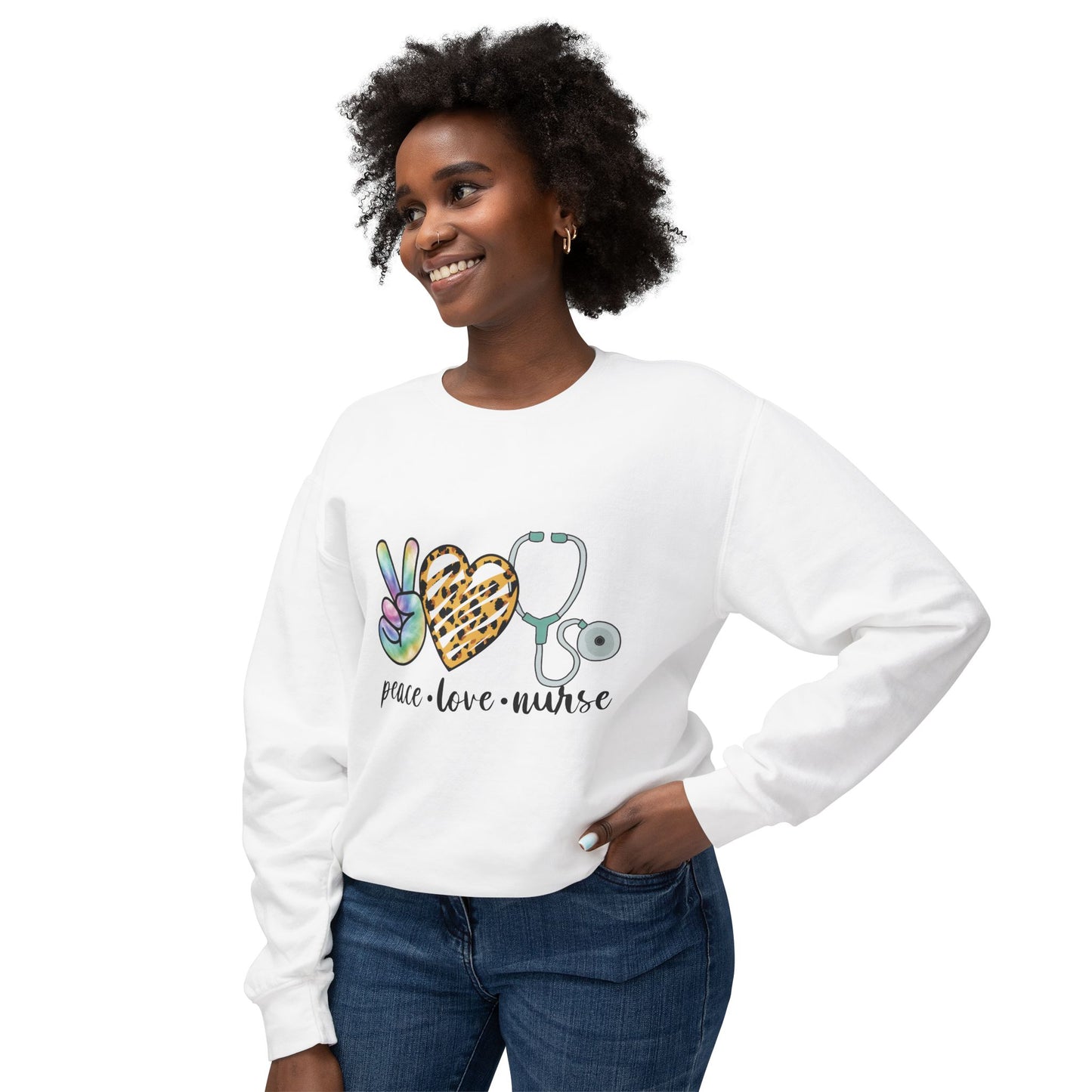 Nurse Crewneck Sweatshirt — "Peace • Love • Nurse" Tie-Dye & Leopard Heart