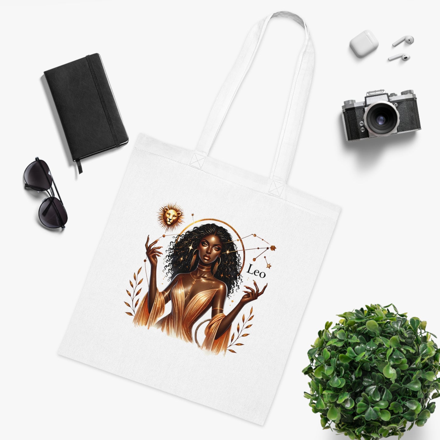 Leo Zodiac Tote Bag — Golden Black Woman Astrology Design Cotton Tote