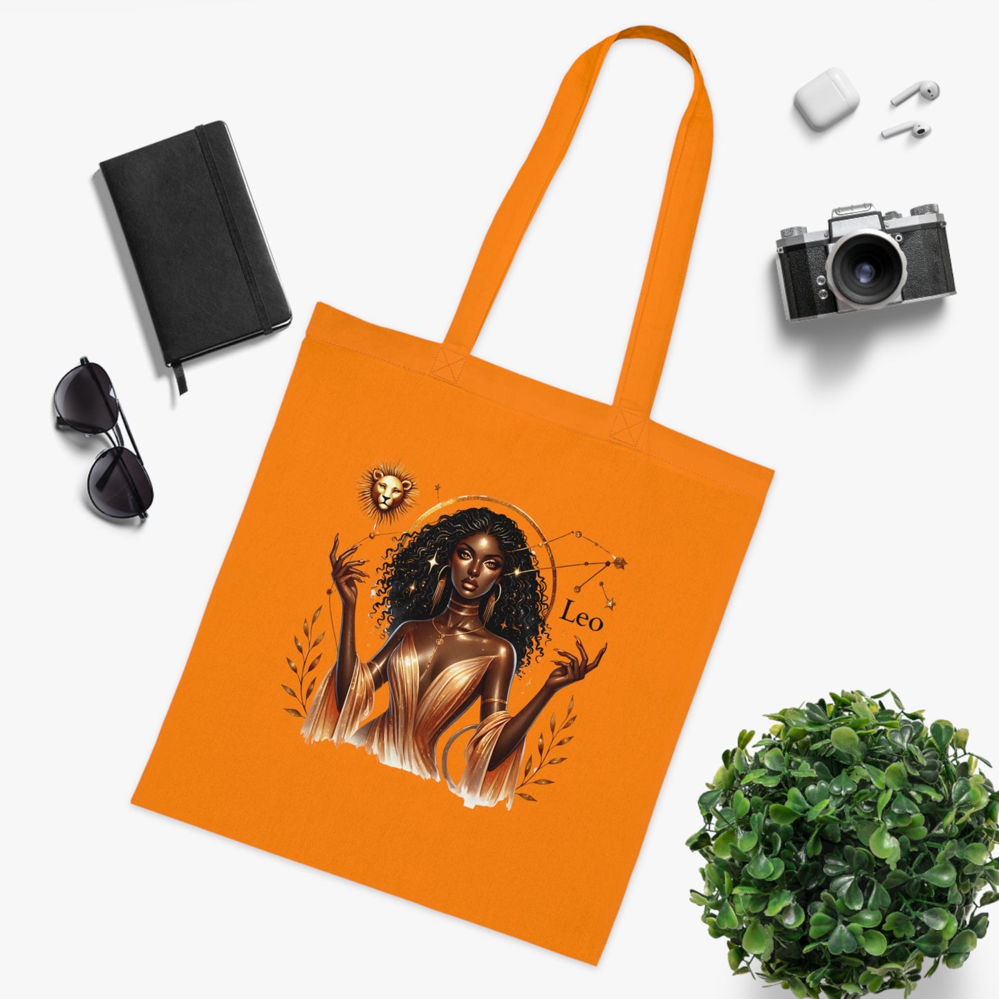 Leo Zodiac Tote Bag — Golden Black Woman Astrology Design Cotton Tote