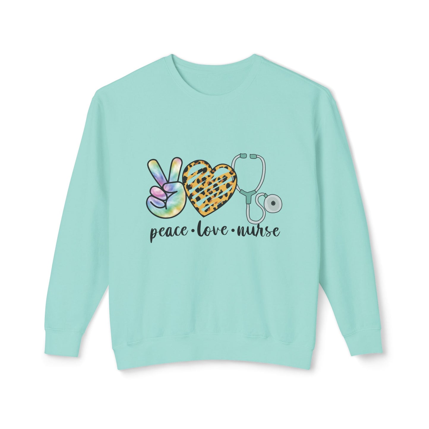Nurse Crewneck Sweatshirt — "Peace • Love • Nurse" Tie-Dye & Leopard Heart