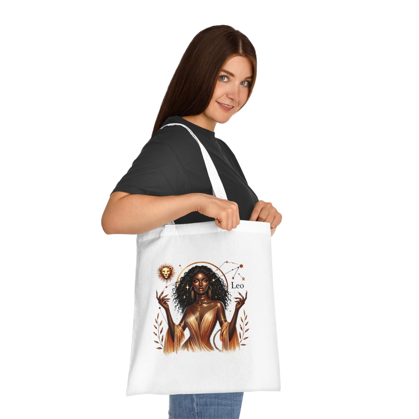Leo Zodiac Tote Bag — Golden Black Woman Astrology Design Cotton Tote