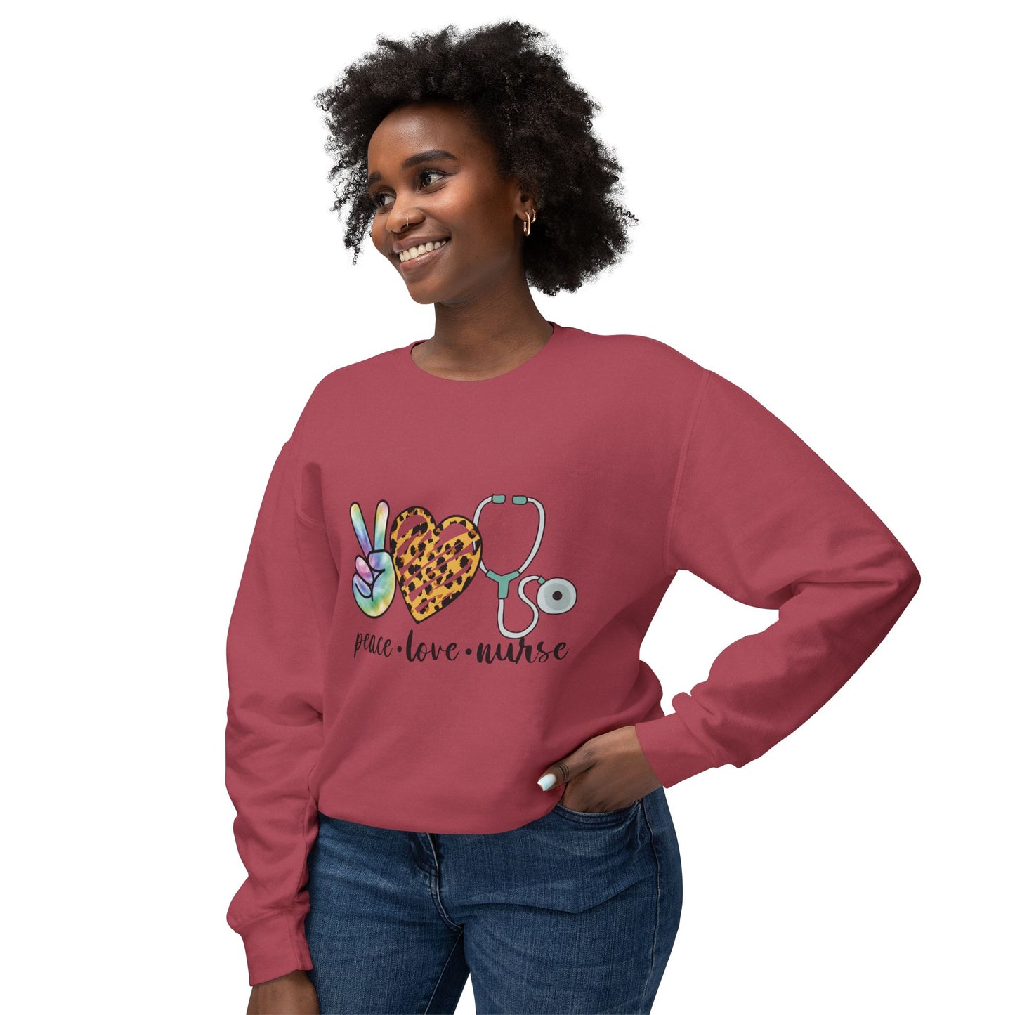 Nurse Crewneck Sweatshirt — "Peace • Love • Nurse" Tie-Dye & Leopard Heart