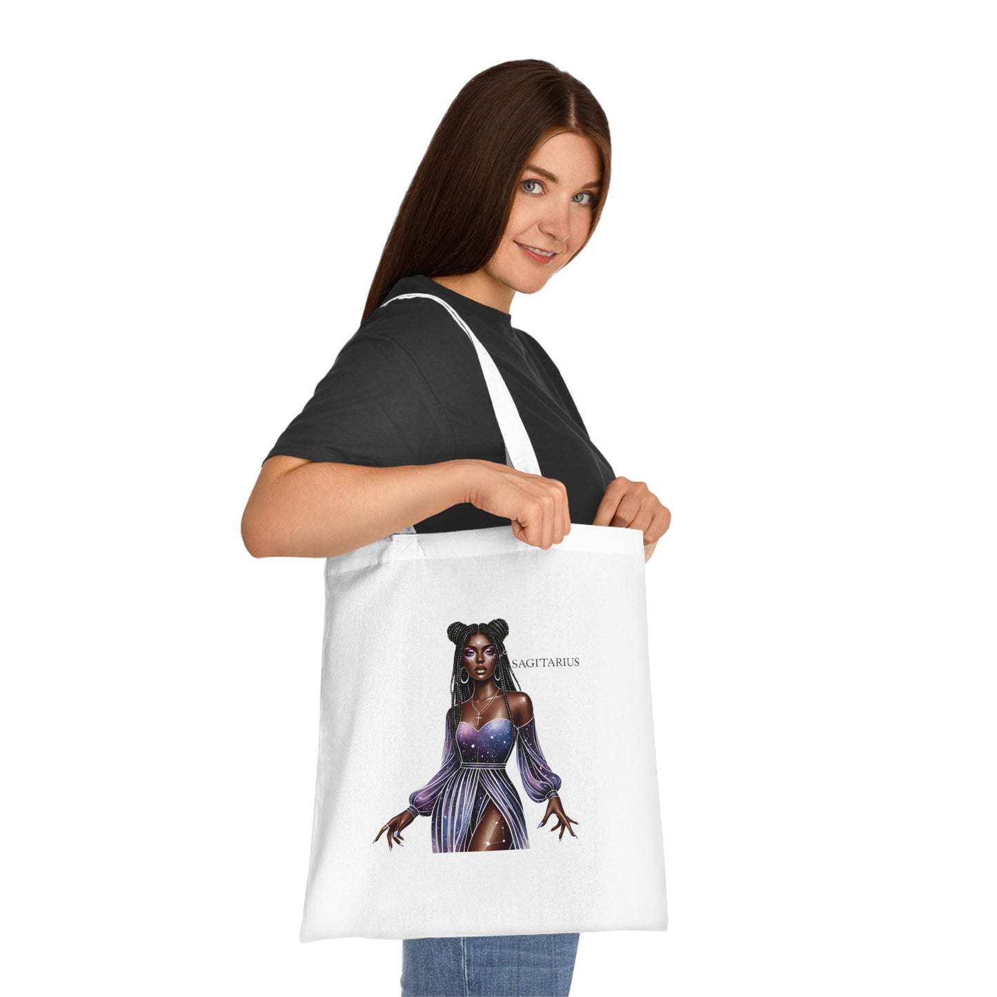 Sagittarius Zodiac Girl Cotton Tote Bag — Mystic Purple Astrology Tote