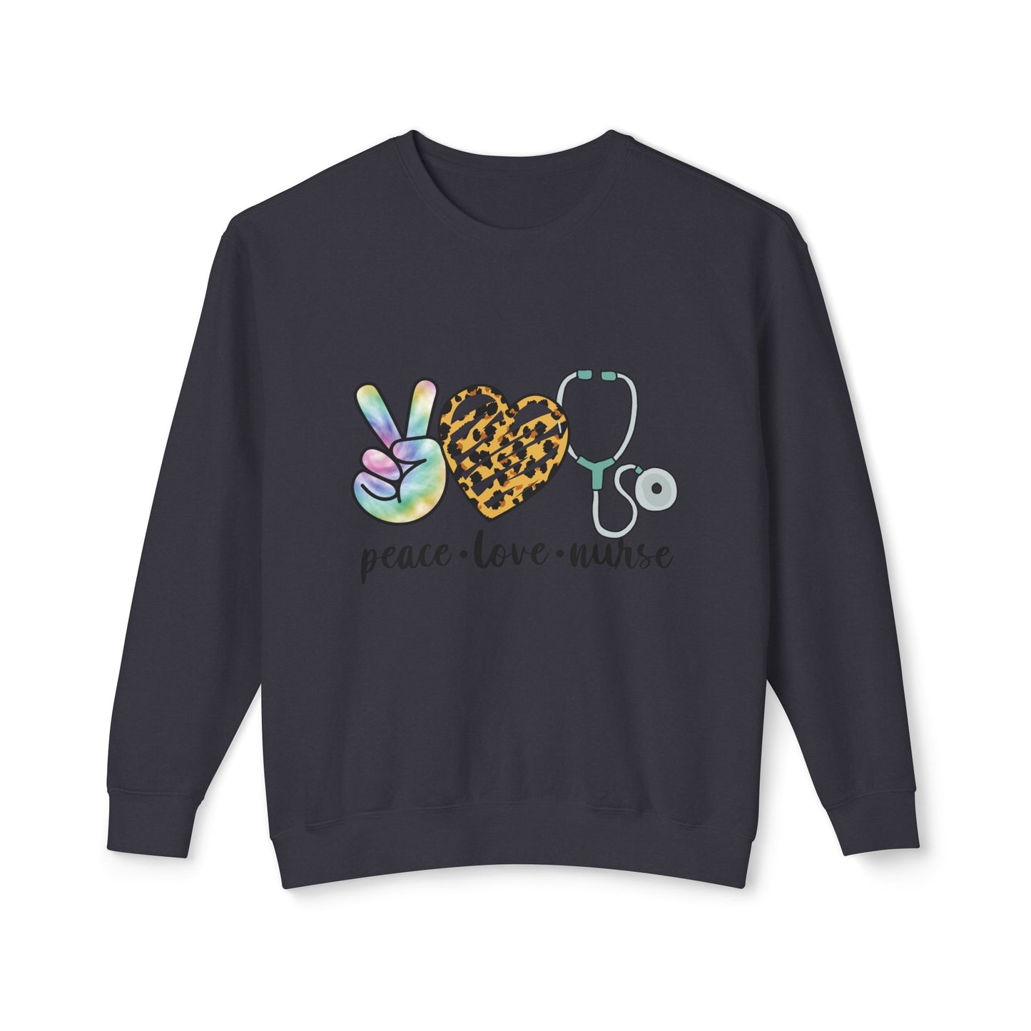 Nurse Crewneck Sweatshirt — "Peace • Love • Nurse" Tie-Dye & Leopard Heart