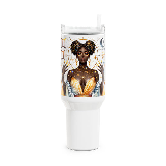 40oz Zodiac Gemini Tumbler — Celestial Black Goddess Design